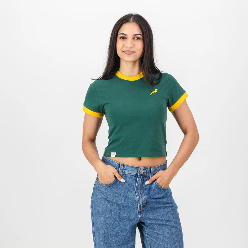 Springboks Ringer Crop Crew Tee - OS Green